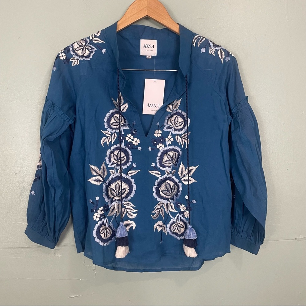 Misa Los Angeles Embroidered Shirt Top Blouse Floral Blue V Neck Size XS